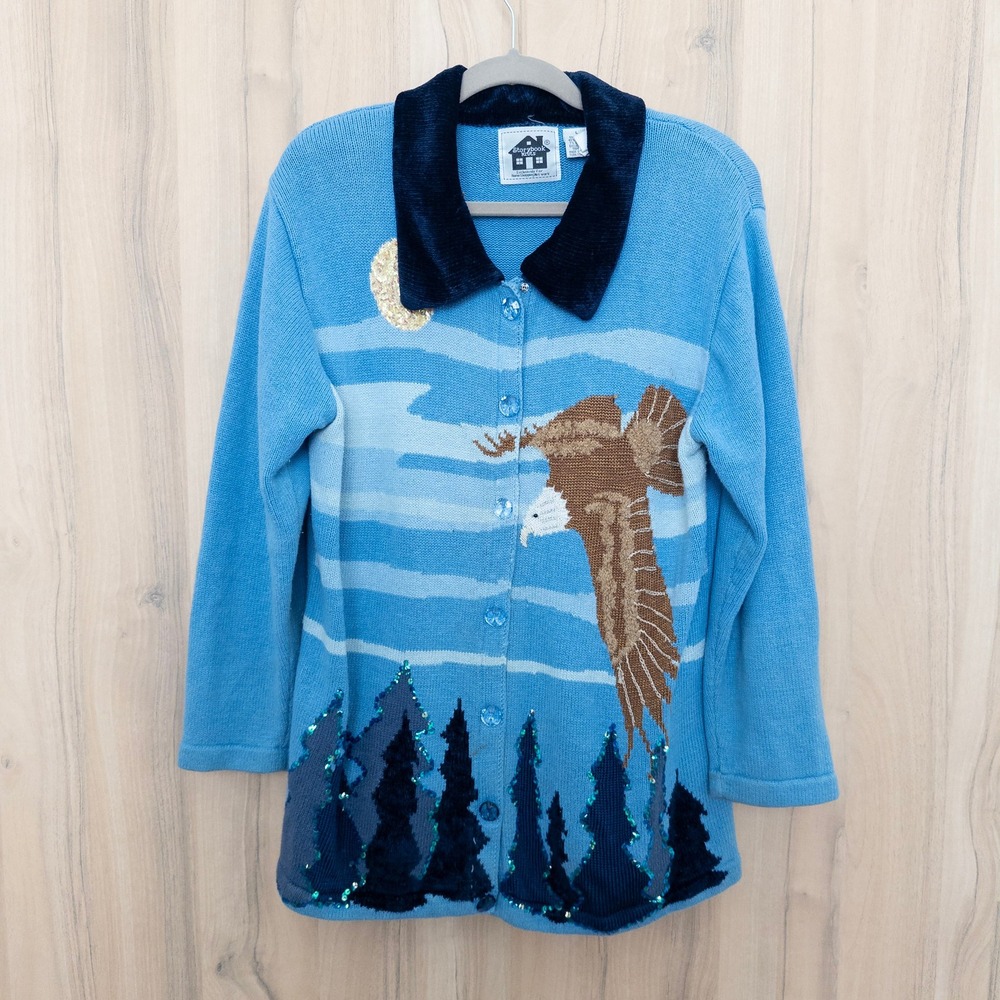 VTG Storybook Knits Womens Cardigan‎ Size L Blue Eagle Scenic 90s Artsy Sequin